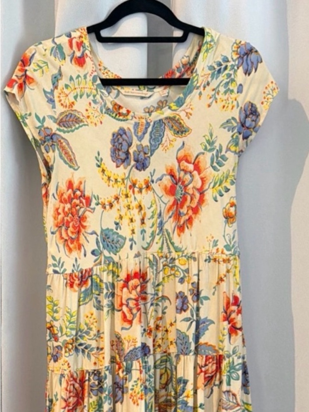 Soft Surroundings Cream Floral Cap-Sleeve Maxi with Multicolor Border